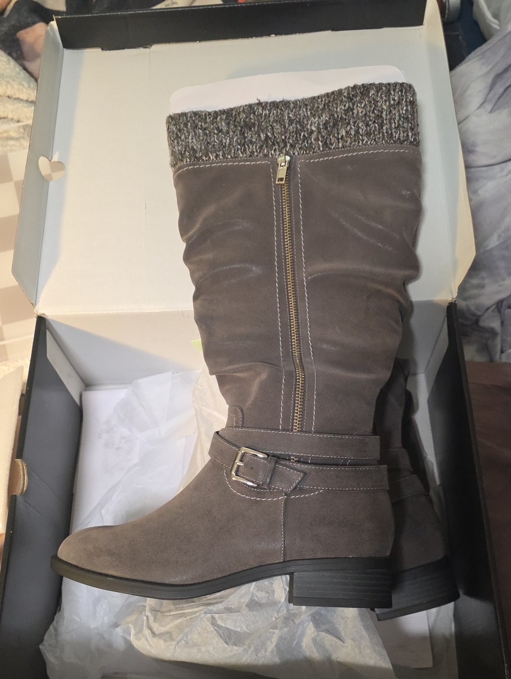 torrid Gray Knit-Cuff Mid-Calf Heeled Boots